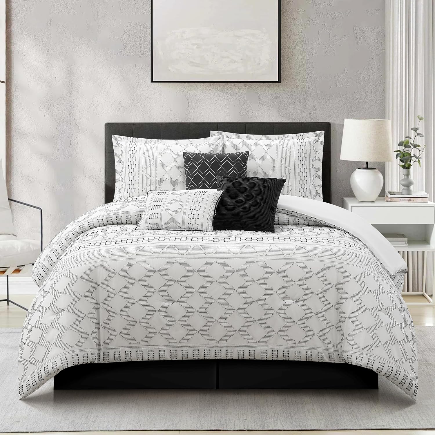 Stratford Park 7 Piece White Black Comforter Set, Queen Size Clip Bedding Set, All Season Geometric Bedding Set, Matching Pillows, Shams, Bed Skirt