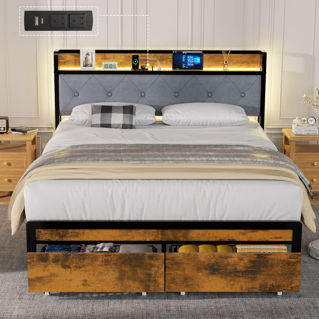 Queen Size Bed Frame with 2 Storage Drawers and LED Lights, Upholstered Headboard with Storage Shelf and Charging Station, Metal Platform Bed Frame Queen Size, Noise Free, No Box Spring Needed