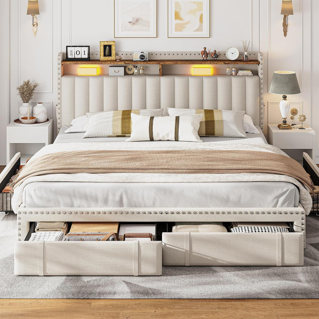 EnHomee King Size Bed Frame with 4 Storage Drawers, 2-Tier Vertical Tufted Storage Headboard, Platform King Bed Frame with Wooden Slats Support, No Box Spring Needed, Beige