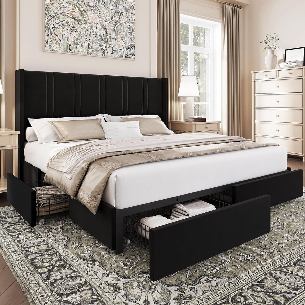 BRELTAM Queen Size Bed Frame with 4 Storage Drawers Velvet Upholstered Platform Bed with Wingback Headboard, No Box Spring Needed, Easy Assembly, Black