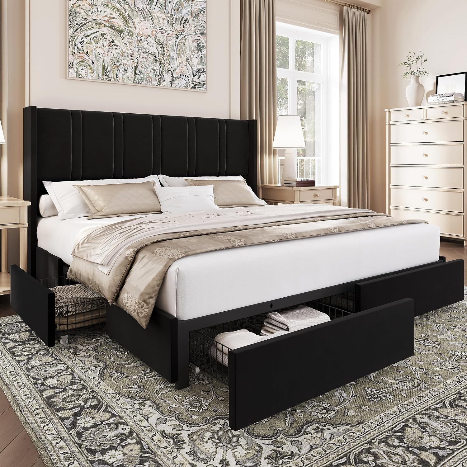 BRELTAM Queen Size Bed Frame with 4 Storage Drawers Velvet Upholstered Platform Bed with Wingback Headboard, No Box Spring Needed, Easy Assembly, Black