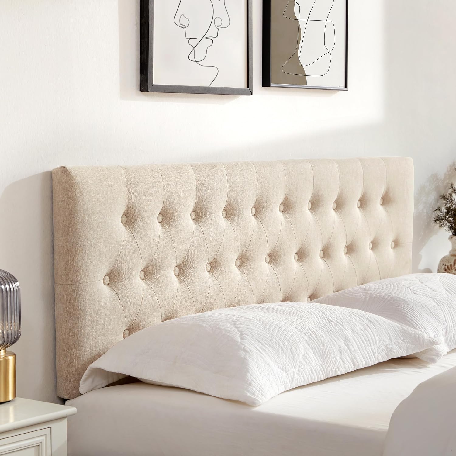 Huatean Home Tufted Upholstered Headboard California King Size, Solid Wood Head Board with Durable Metal Legs, Adjustable Height Bed headboard from 37' to 51' Fabric Headboard in Button Design, Beige