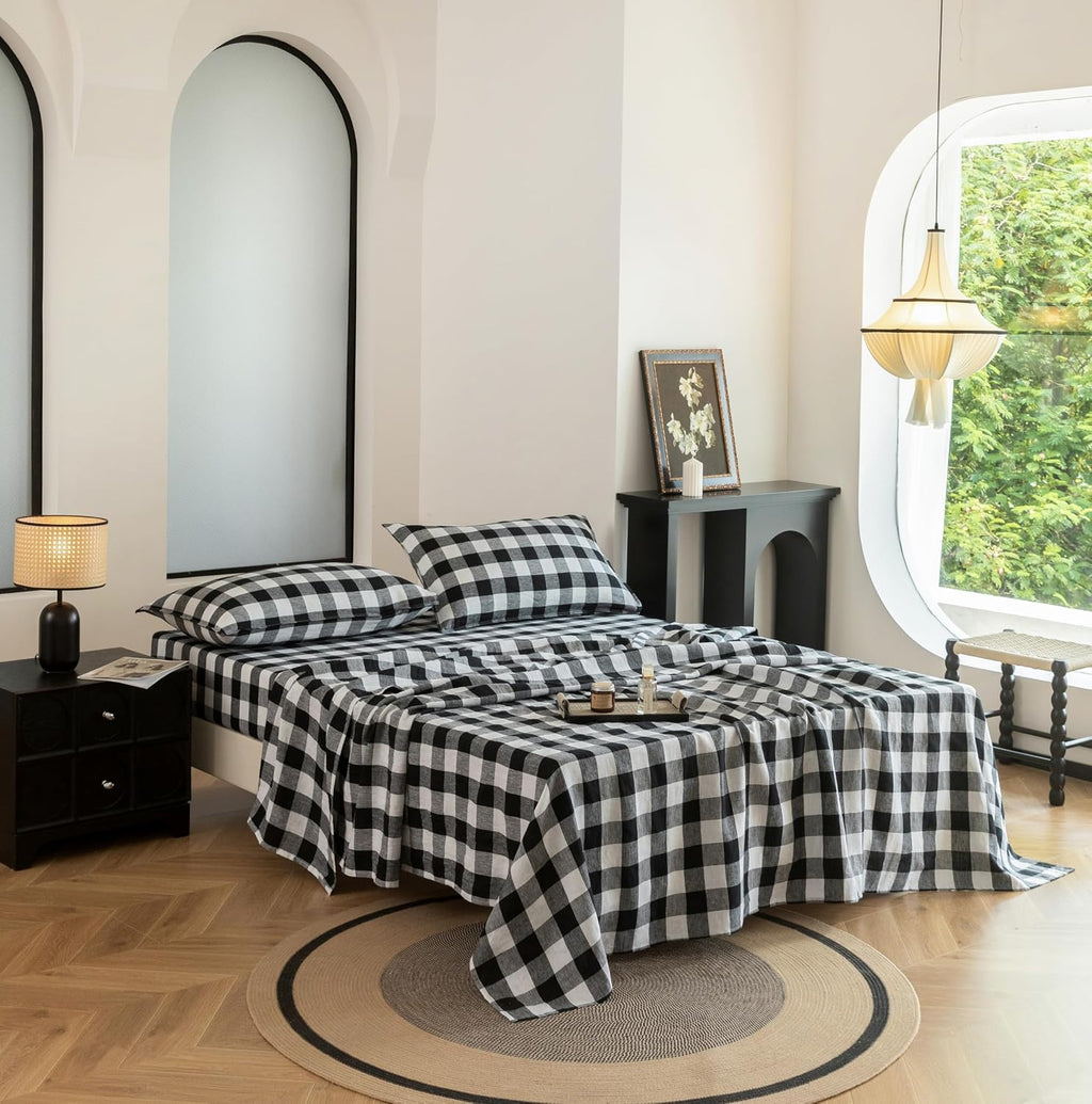 EVERLY Linen Sheets Set King Size,100% French Stonewash Pure Linen Bed Sheets,4Pieces (1Flat Sheet,1Fitted Sheet,2Pillowcase) Suitable for Hot Sleepers,Deep Pocket Natural Bedding Set-Black Plaid
