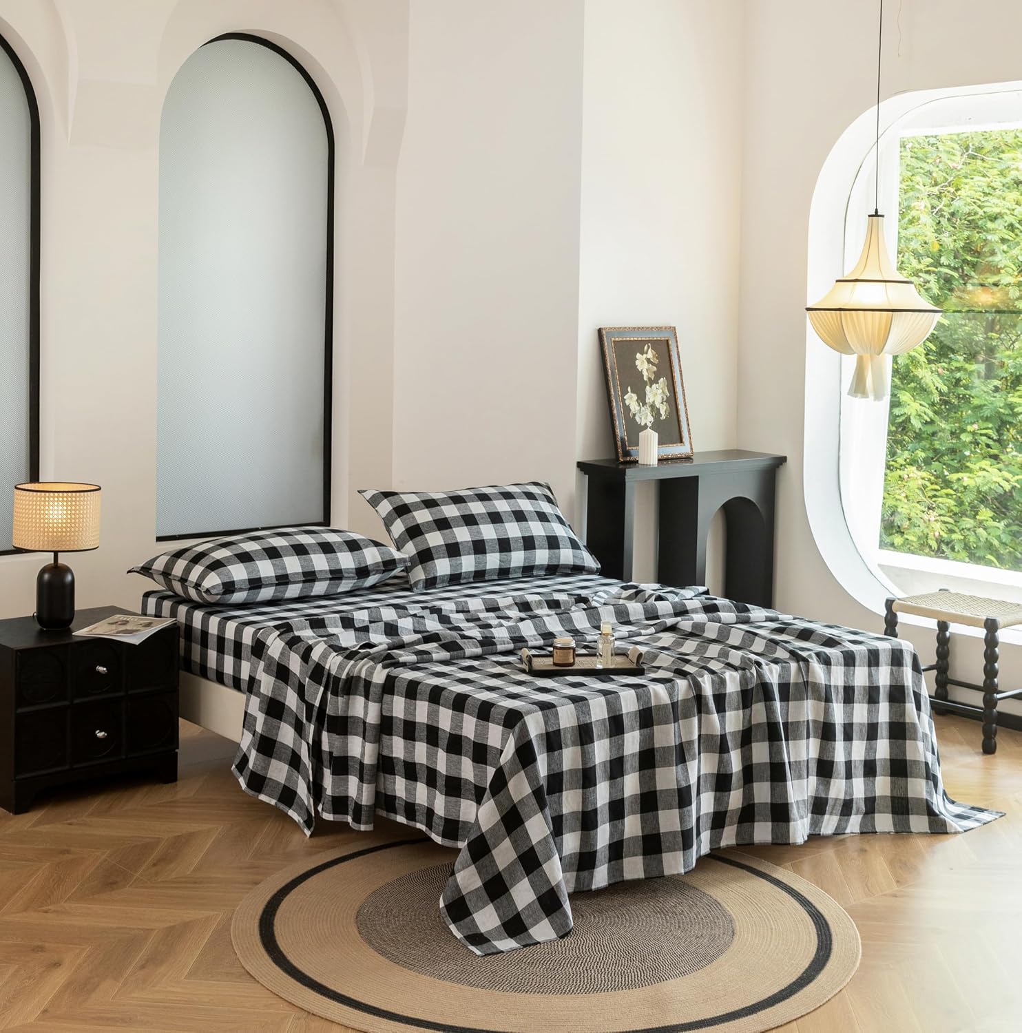 EVERLY Linen Sheets Set King Size,100% French Stonewash Pure Linen Bed Sheets,4Pieces (1Flat Sheet,1Fitted Sheet,2Pillowcase) Suitable for Hot Sleepers,Deep Pocket Natural Bedding Set-Black Plaid