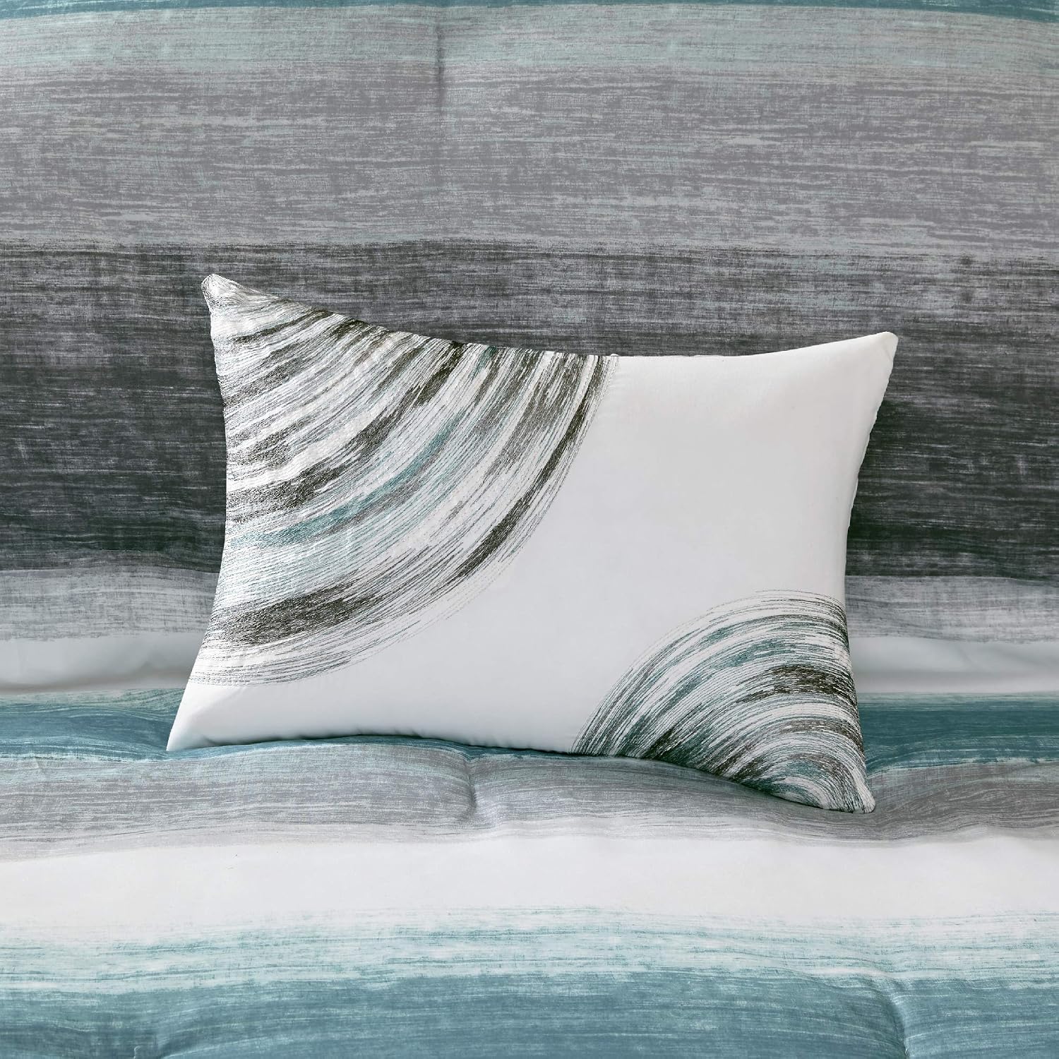 Madison Park Essentials Queen Comforter Set, Bed in a Bag Queen, Watercolor Print Coastal Comforter & Chambray Cotton Sheet Set, All Season Bedding Set, Saben, Aqua Queen (90 in x 90 in) 9 Piece