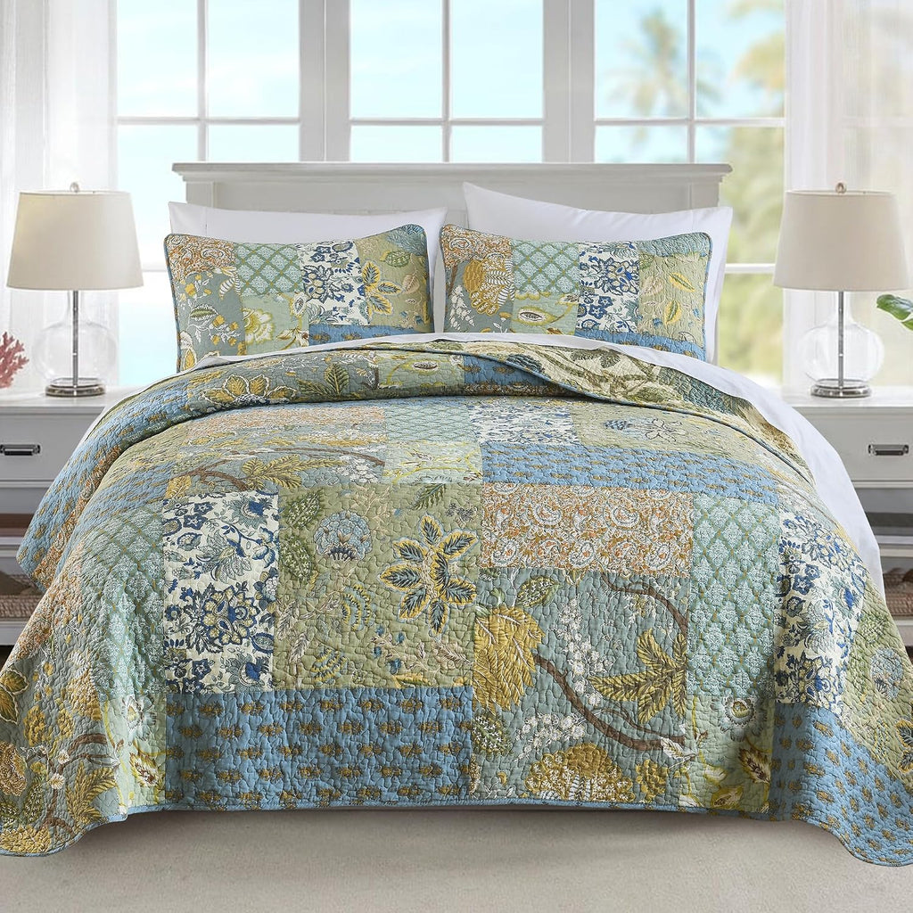 NEWLAKE Quilt Set California King Size, 100% Cotton Patchwork Green Bohemian Quilt Sets, Reversible Bedspread Lightweight and Breathable for All Seasons, Soft Quilted Bedspread with 2 Pillow Shams