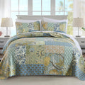 NEWLAKE Quilt Set California King Size, 100% Cotton Patchwork Green Bohemian Quilt Sets, Reversible Bedspread Lightweight and Breathable for All Seasons, Soft Quilted Bedspread with 2 Pillow Shams