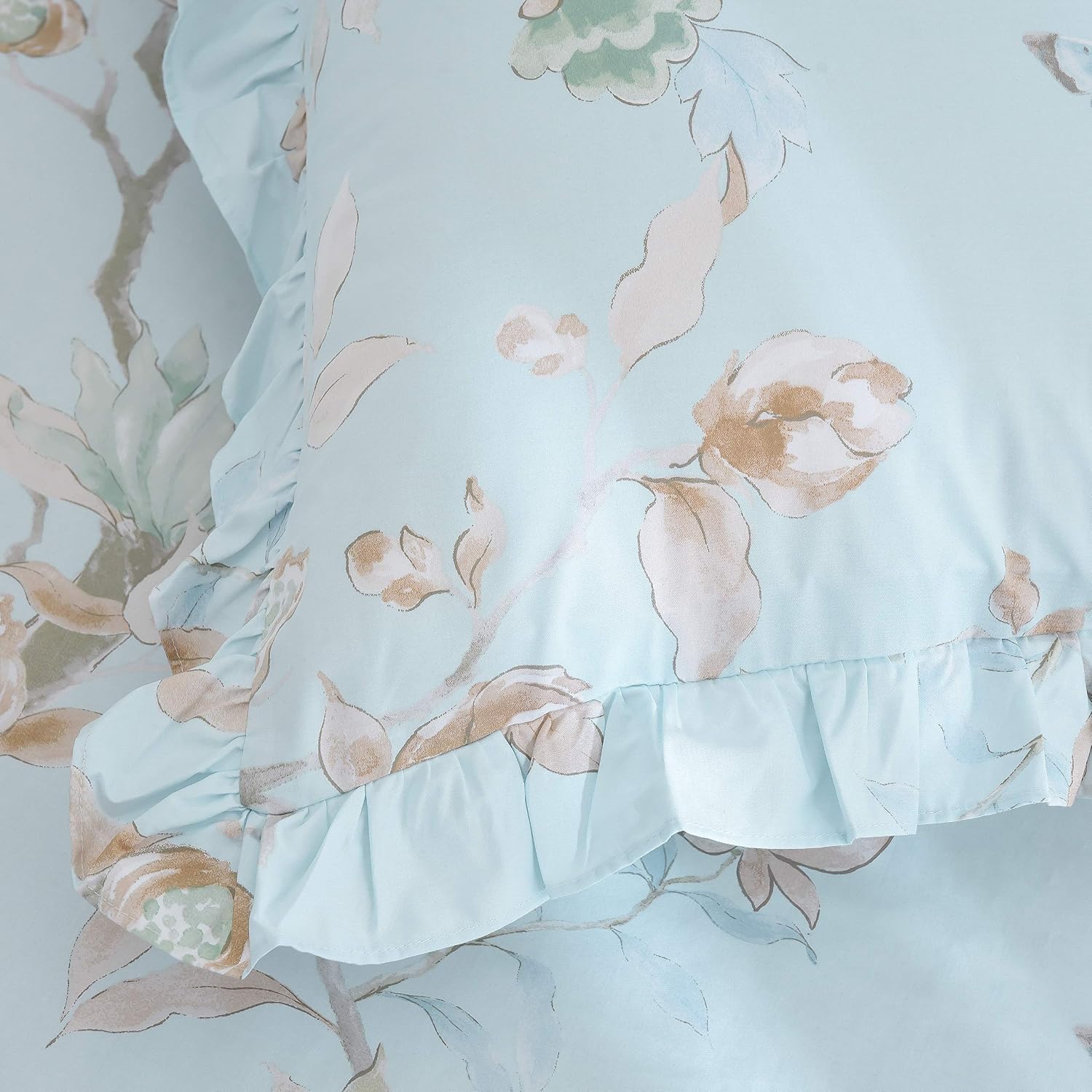 FADFAY Farmhouse Floral Bedding Shabby Blue Bird Print French Countryside Chic Bedding Set Luxury Bedskirt Collections 800 Thread Count 100% Egyptian Cotton, 4 Piece-King Size
