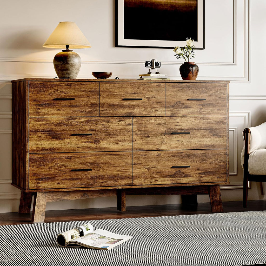 BORNOON Dresser for Bedroom with 7-Drawer, 47.2' Wide Modern Chest of Drawers with Metal Handles, X-Shape Base & Adjustable Center Leg, Anti-Tip Closet Organizers and Storage