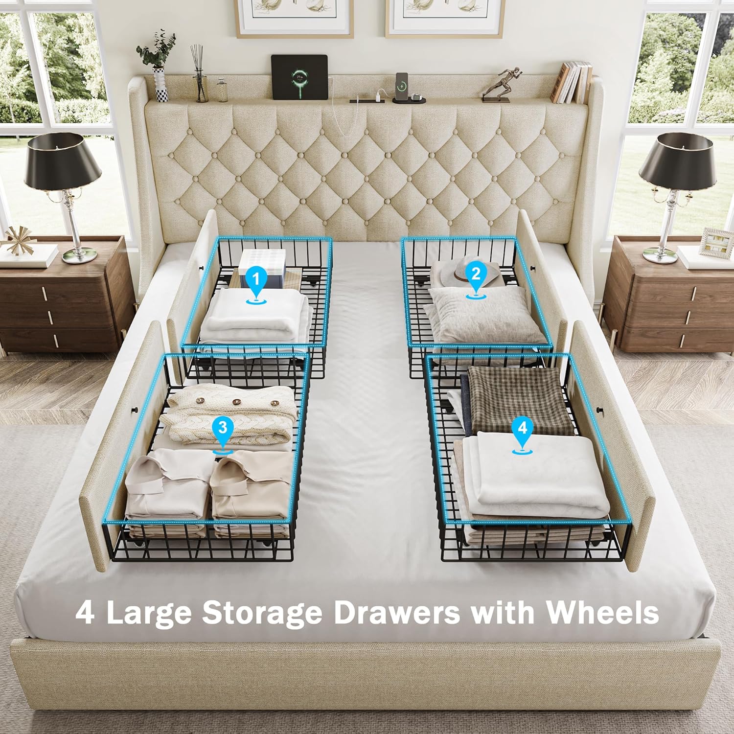 GalnFu King Size Bed Frame with 4 Storage Drawers, Giant Upholstered Wingback Headboard, Fast Charging Station, No Box Spring Needed, Noise-Free, Beige