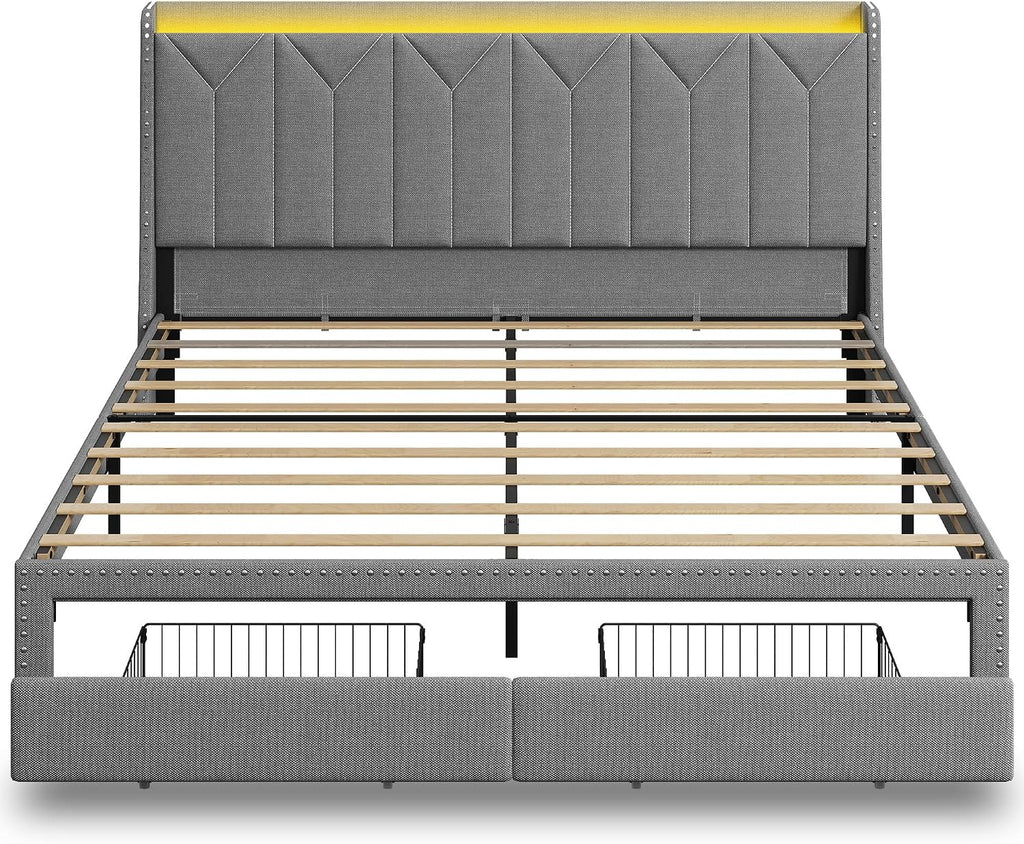 WLIVE King Size Upholstered Bed Frame with 2 Drawers, Storage Headboard Platform Bed with Charging Station and LED Light, Sturdy Metal & Wooden Slats Support, No Box Spring Needed, Light Grey