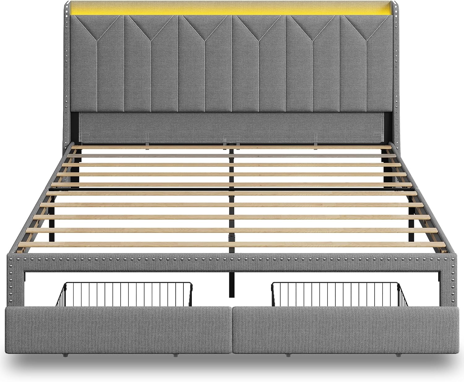 WLIVE King Size Upholstered Bed Frame with 2 Drawers, Storage Headboard Platform Bed with Charging Station and LED Light, Sturdy Metal & Wooden Slats Support, No Box Spring Needed, Light Grey