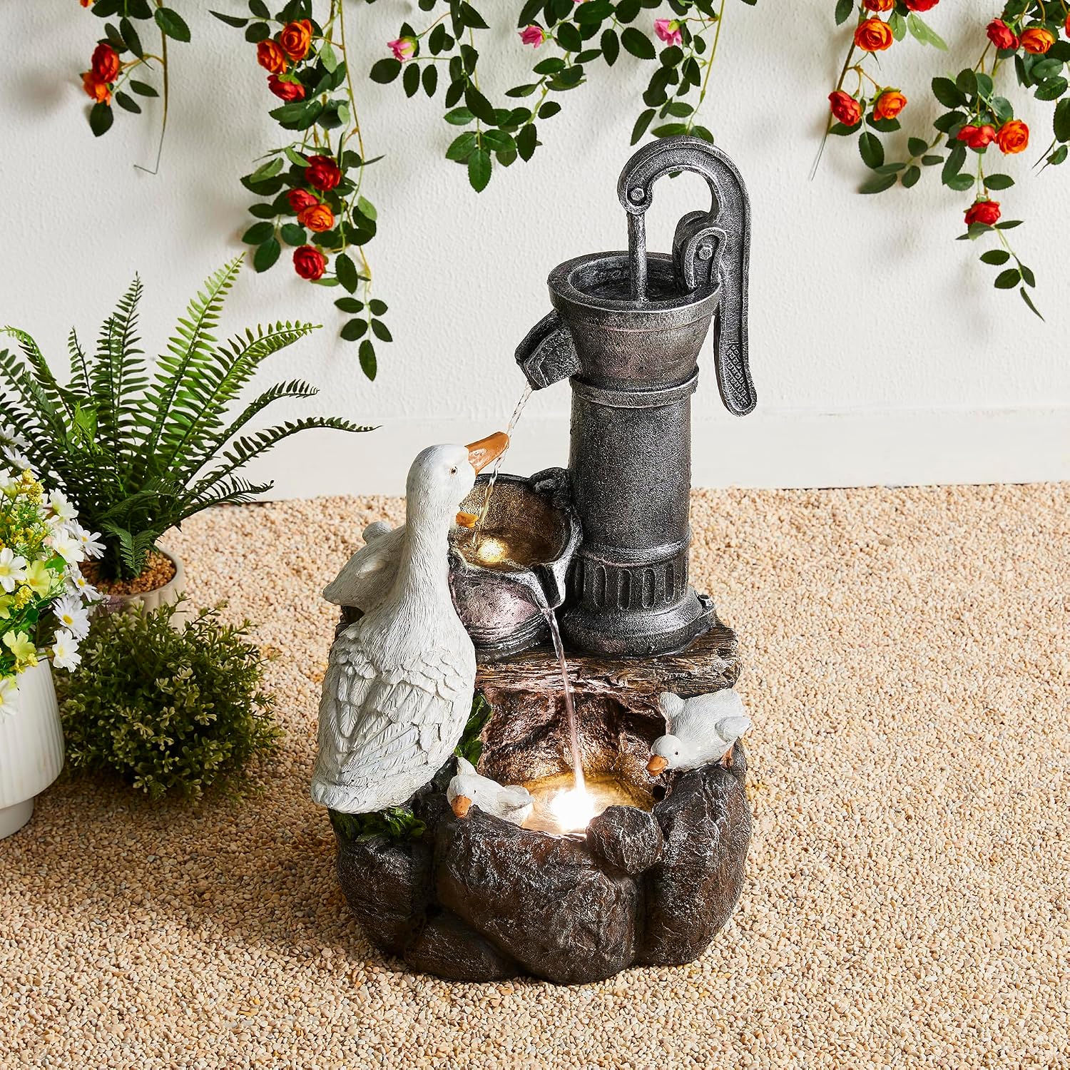 Glitzhome Outdoor Fountain 23.25' Height, Waterfall Fountains Indoor Water Fountain Freestanding Water Feature Fountains with Pump and LED Lights, Outside Garden Backyard Decor, Cute Duck