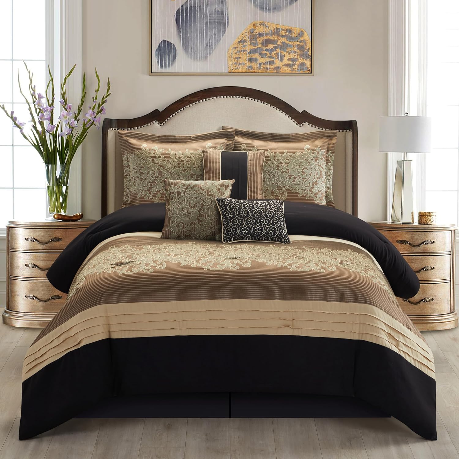 Stratford Park Black/Gold Comforter Set Queen Size, 7 Piece, Bedding Comforters & Sets, Pillow Shams Bedskirt, Jacquard Bedding Set, All Season