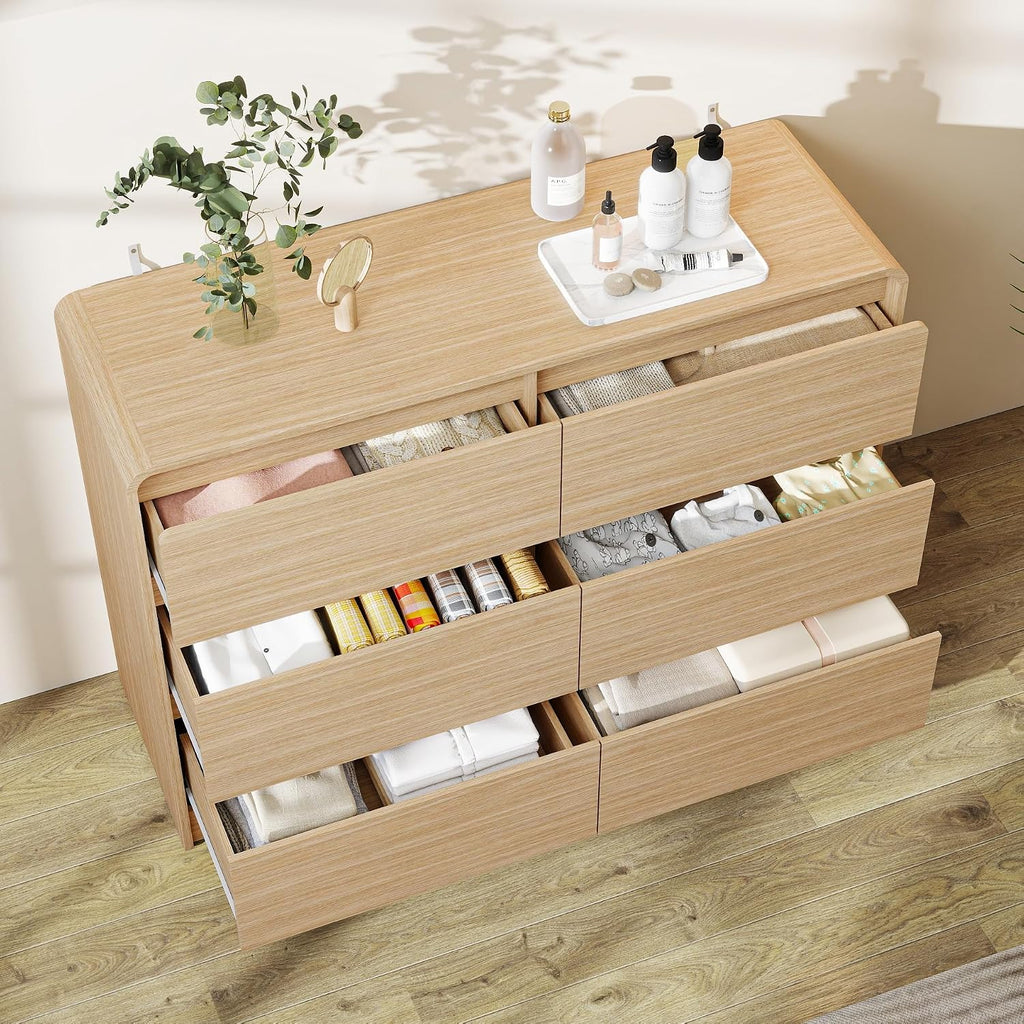 Vibe & Dine 6 Drawer Dresser, Modern Wooden Dressers & Chests of Drawers with Arc Edge Design, 47' Wide Dresser for Closet, Entryway, Bedroom, Natural Wood