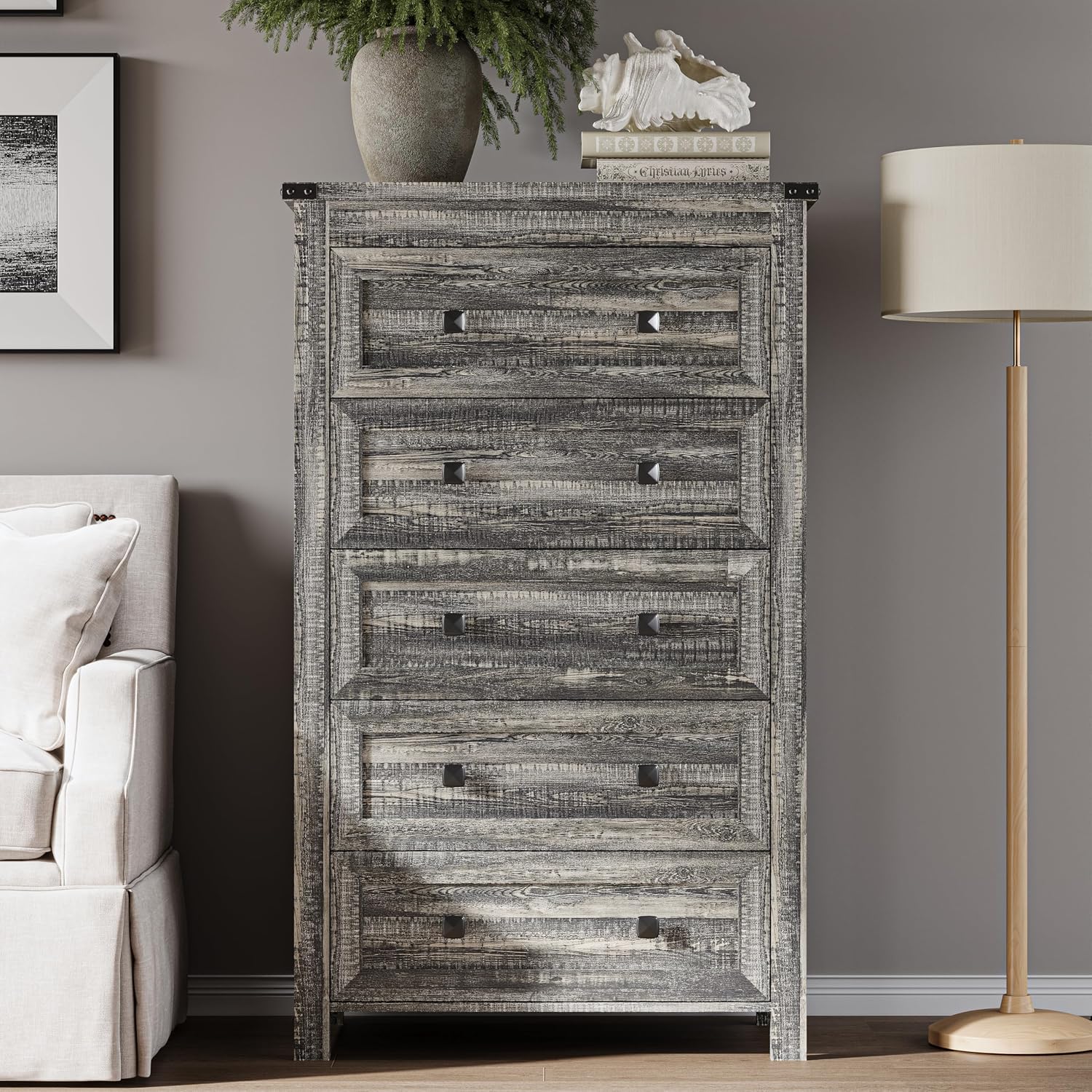 BORNOON Tall 5-Drawer Dresser, Modern Wooden Storage Chest of Drawers, Dresser TV Stand, Wood Drawer Organizer with Metal Handles for Bedroom, Living Room, Hallway