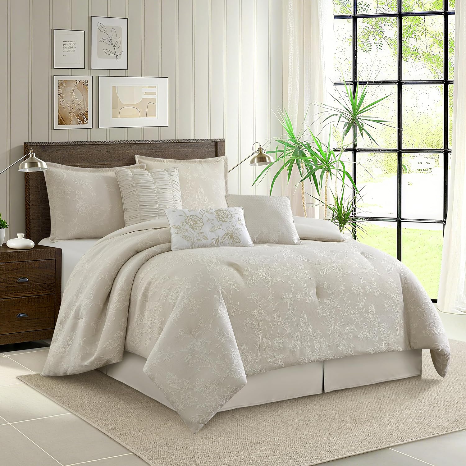 Grand Avenue Beige Cotton Blend Comforter Set, Elegant 7 Piece, Floral Jacquard Queen Size Bedding, All Season, Bedskirt, Pillows & Shams, Home Decor