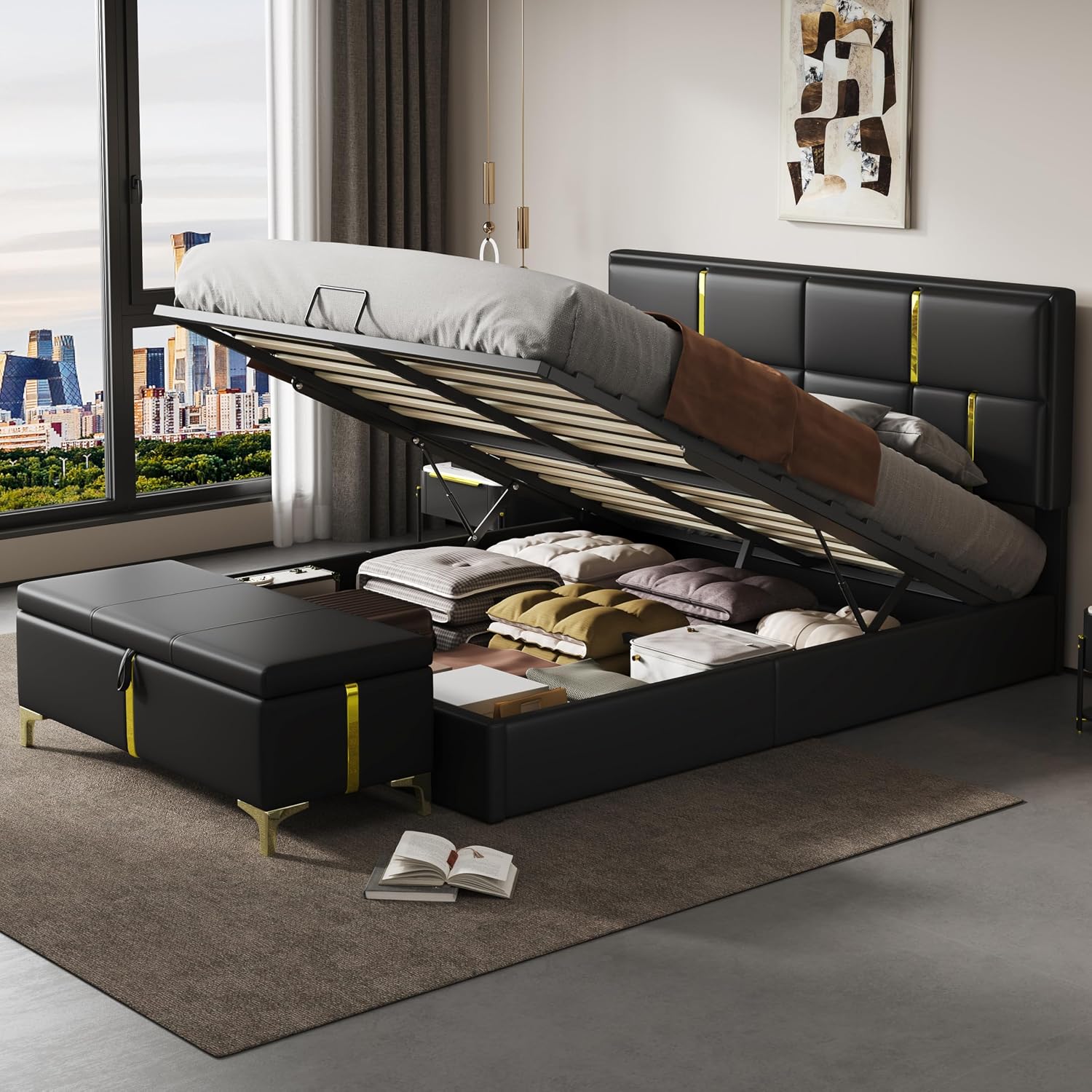 2-Pieces Bedroom Sets, Queen Size PU Upholstered Platform Bed with Hydraulic Storage System, Wood Platform Bed Frame with Metal Legs Storage Ottoman for Kids Teens Adults Bedroom, Black
