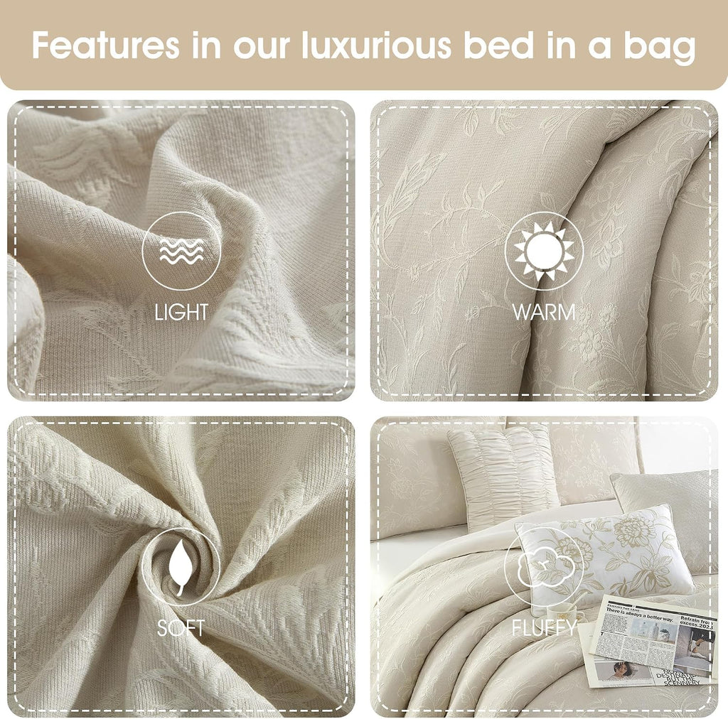 Grand Avenue Beige Cotton Blend Comforter Set, Elegant 7 Piece, Floral Jacquard Queen Size Bedding, All Season, Bedskirt, Pillows & Shams, Home Decor