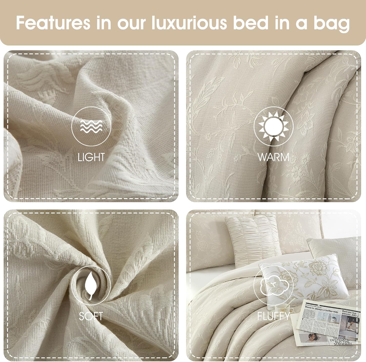 Grand Avenue Beige Cotton Blend Comforter Set, Elegant 7 Piece, Floral Jacquard Queen Size Bedding, All Season, Bedskirt, Pillows & Shams, Home Decor