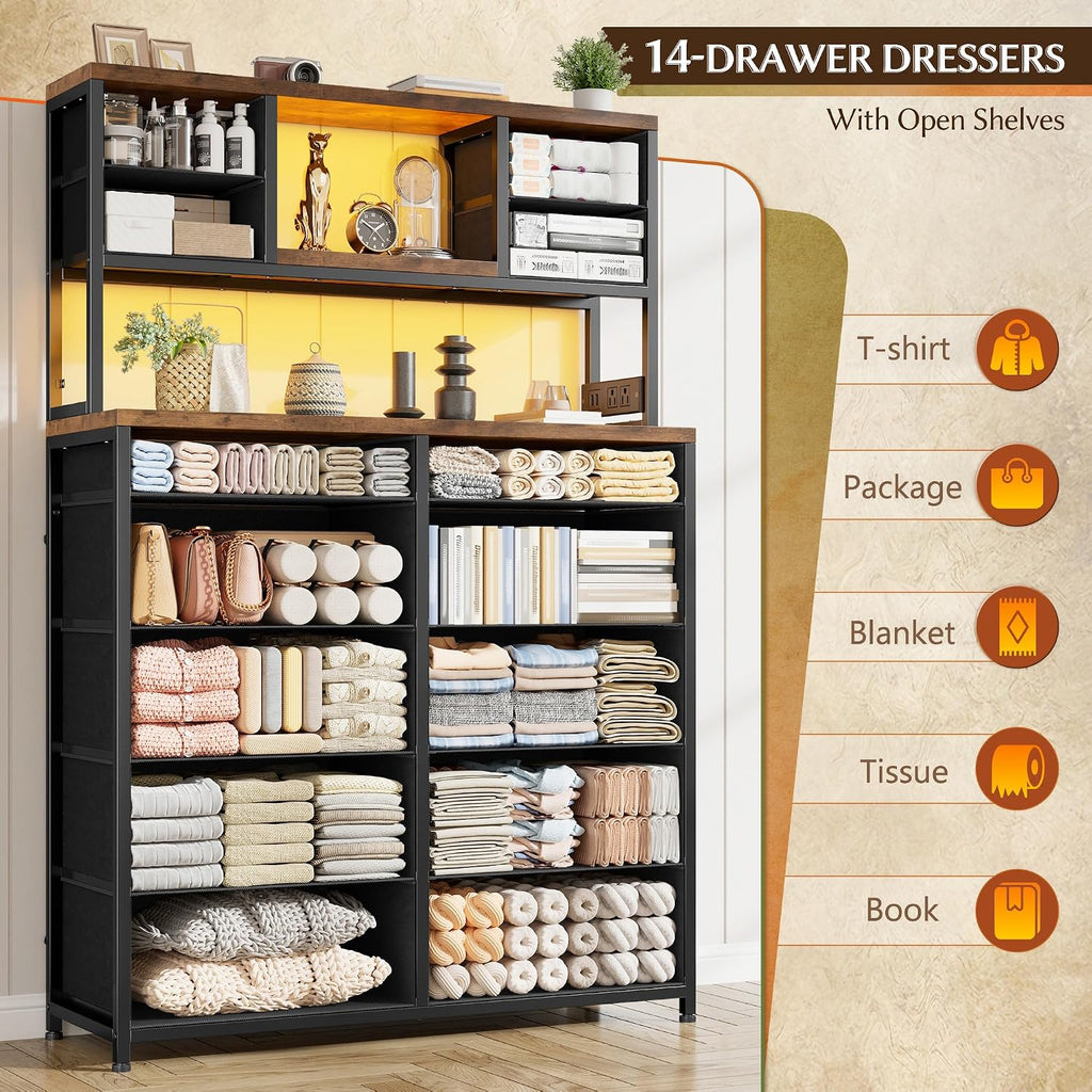 EnHomee Black Dresser with Multiple Fabric Drawers, Dresser for Bedroom with Charging Station and LED Lights,Dressers & Chests of Drawers for Bedroom, Steel Frame & Wooden Top, Entryway