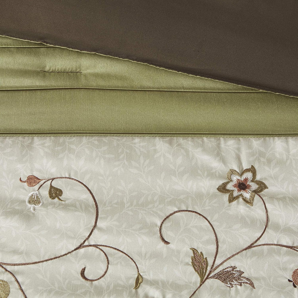 Madison Park Serene Faux Silk Comforter Set - Floral Embroidery Design, All Season Bedding Set, Matching Bed Skirt, Decorative Pillows, Green Queen(90'x90') 7 Piece