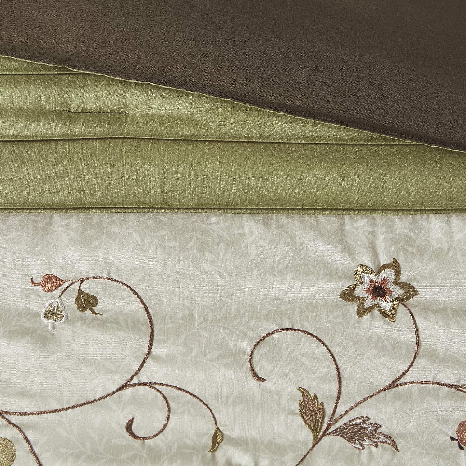 Madison Park Serene Faux Silk Comforter Set - Floral Embroidery Design, All Season Bedding Set, Matching Bed Skirt, Decorative Pillows, Green Queen(90'x90') 7 Piece
