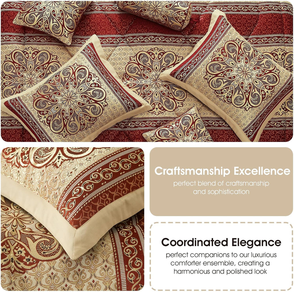 Grand Avenue Wine Gold Jacquard Comforter Set,Size Queen, 7 Piece, Burgundy Home Decor, Premium Lightweight Microfiber, Matching Bedskirt, Decorative Pillows & Shams, All Season Luxurious Bedding Set