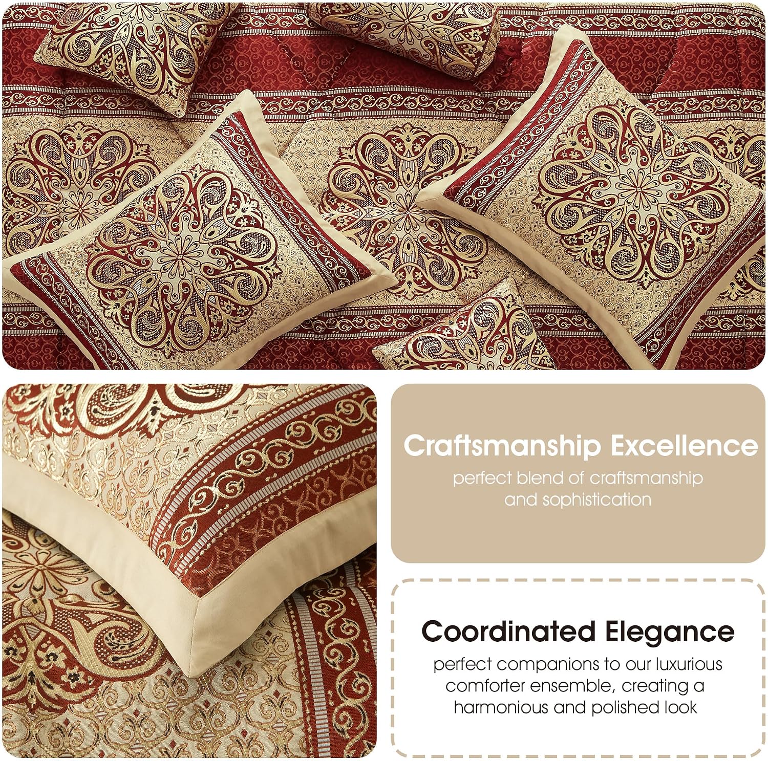 Grand Avenue Wine Gold Jacquard Comforter Set,Size Queen, 7 Piece, Burgundy Home Decor, Premium Lightweight Microfiber, Matching Bedskirt, Decorative Pillows & Shams, All Season Luxurious Bedding Set