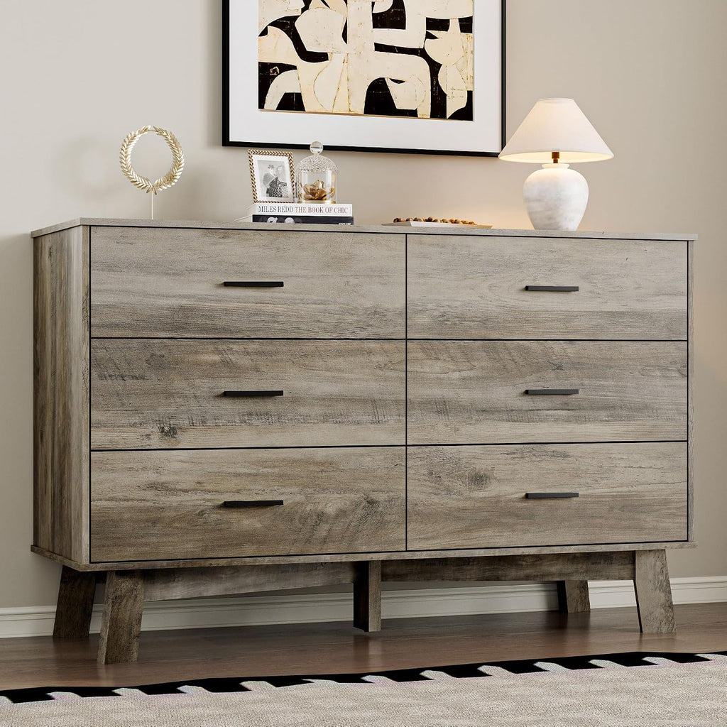 BORNOON Dresser for Bedroom with 6-Drawer, 47.2' Modern Chest of Drawers with Metal Handles, X-Shape Base & Adjustable Center Leg, Anti-Tip Closet Organizers and Storage