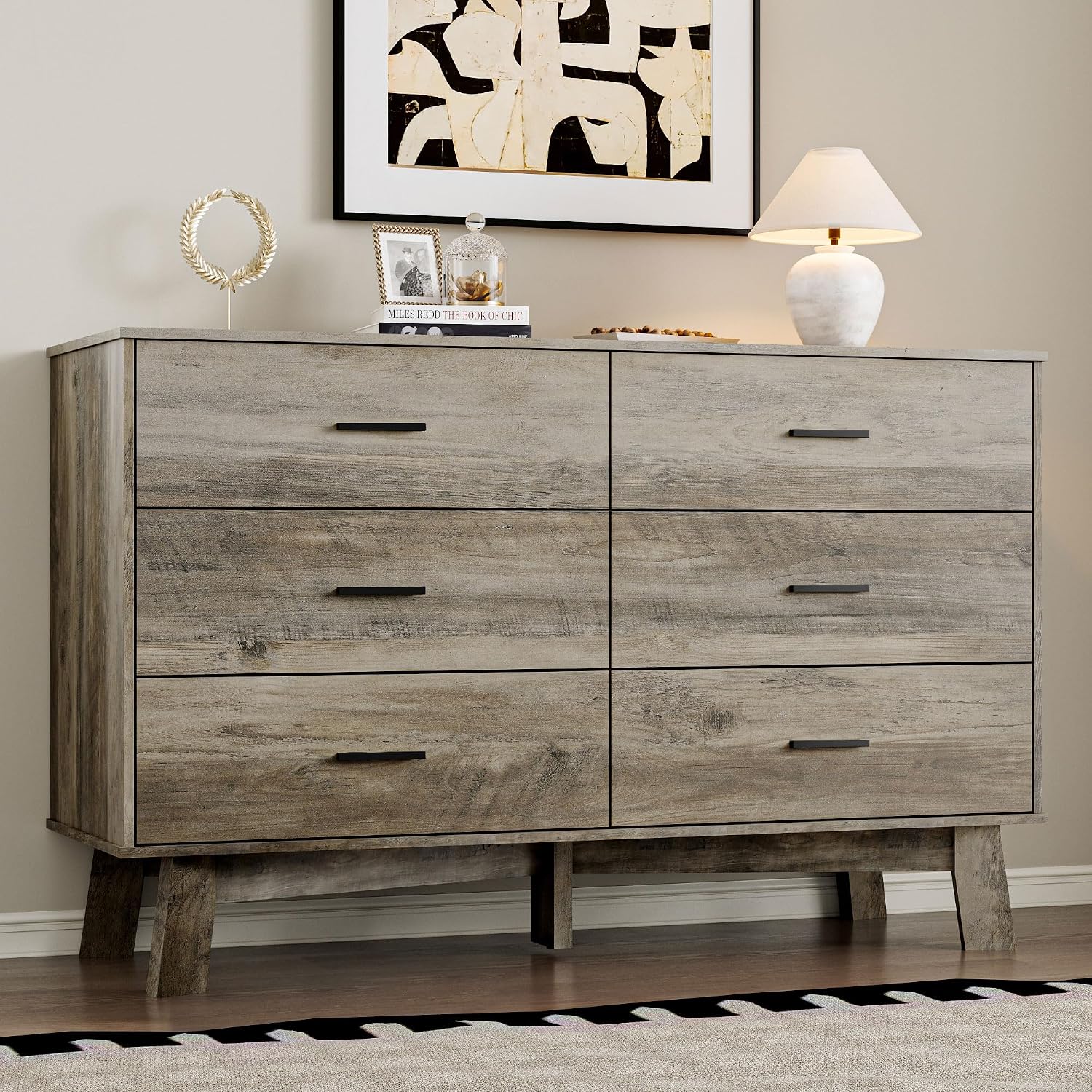 BORNOON Dresser for Bedroom with 6-Drawer, 47.2' Modern Chest of Drawers with Metal Handles, X-Shape Base & Adjustable Center Leg, Anti-Tip Closet Organizers and Storage