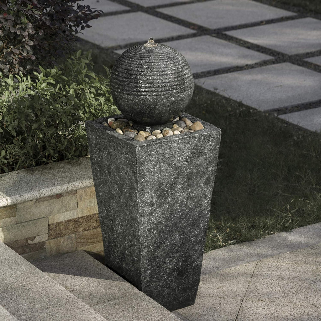 Glitzhome Outdoor Water Fountain with LED Light, Decorative Sphere Pedestal Outdoor Fountain with Submersible Pump, Vintage Waterfall Fountains for Garden Patio Deck Porch, 31.69'H