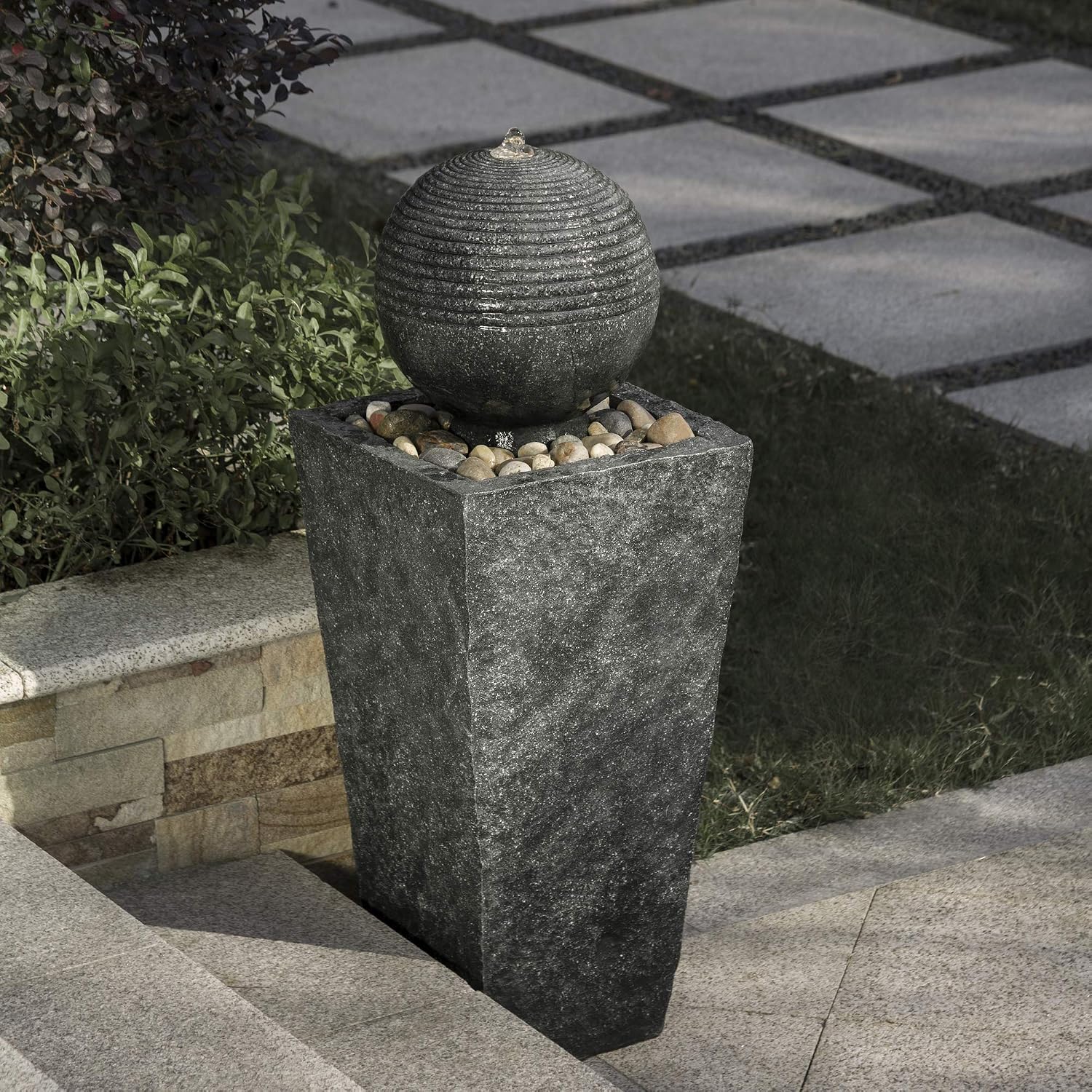 Glitzhome Outdoor Water Fountain with LED Light, Decorative Sphere Pedestal Outdoor Fountain with Submersible Pump, Vintage Waterfall Fountains for Garden Patio Deck Porch, 31.69'H