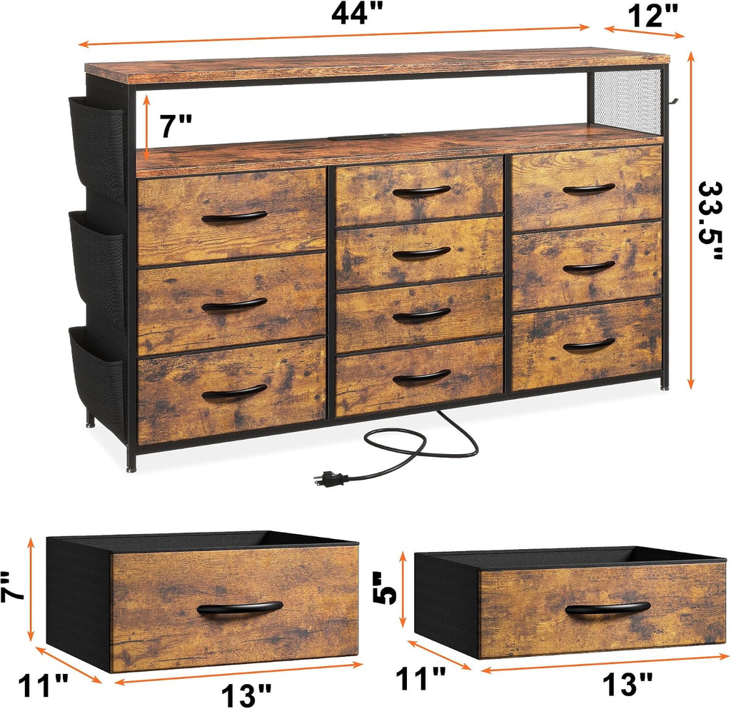EnHomee Dresser for Bedroom with 10 Drawers, 55' TV Stands with LED Lights & Power Outlets, Dressers with Shelves & Side Pockets, Hooks for Hallway,Rustic Brown