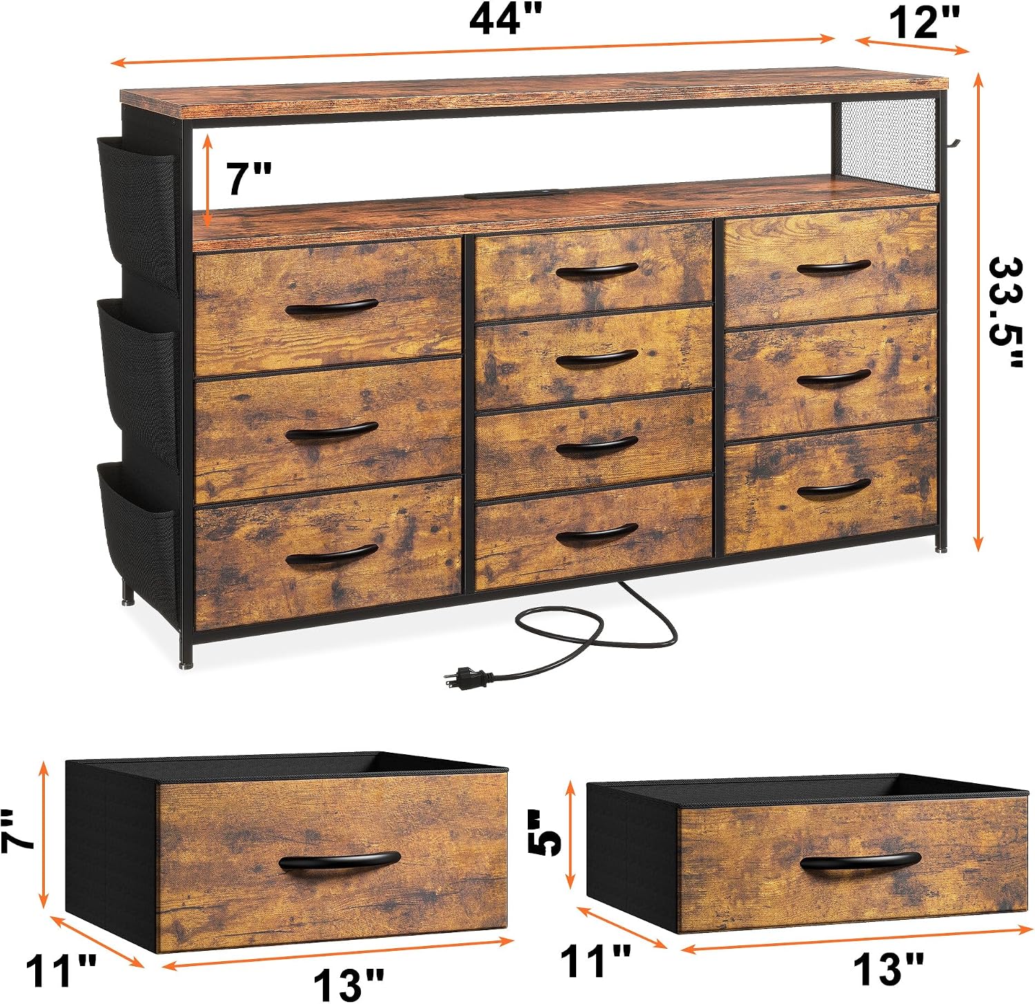 EnHomee Dresser for Bedroom with 10 Drawers, 55' TV Stands with LED Lights & Power Outlets, Dressers with Shelves & Side Pockets, Hooks for Hallway,Rustic Brown