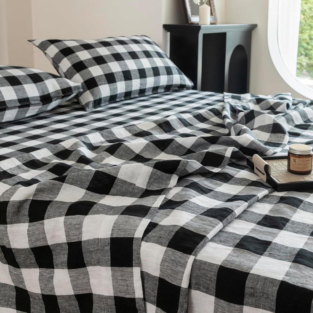 EVERLY Linen Sheets Set King Size,100% French Stonewash Pure Linen Bed Sheets,4Pieces (1Flat Sheet,1Fitted Sheet,2Pillowcase) Suitable for Hot Sleepers,Deep Pocket Natural Bedding Set-Black Plaid