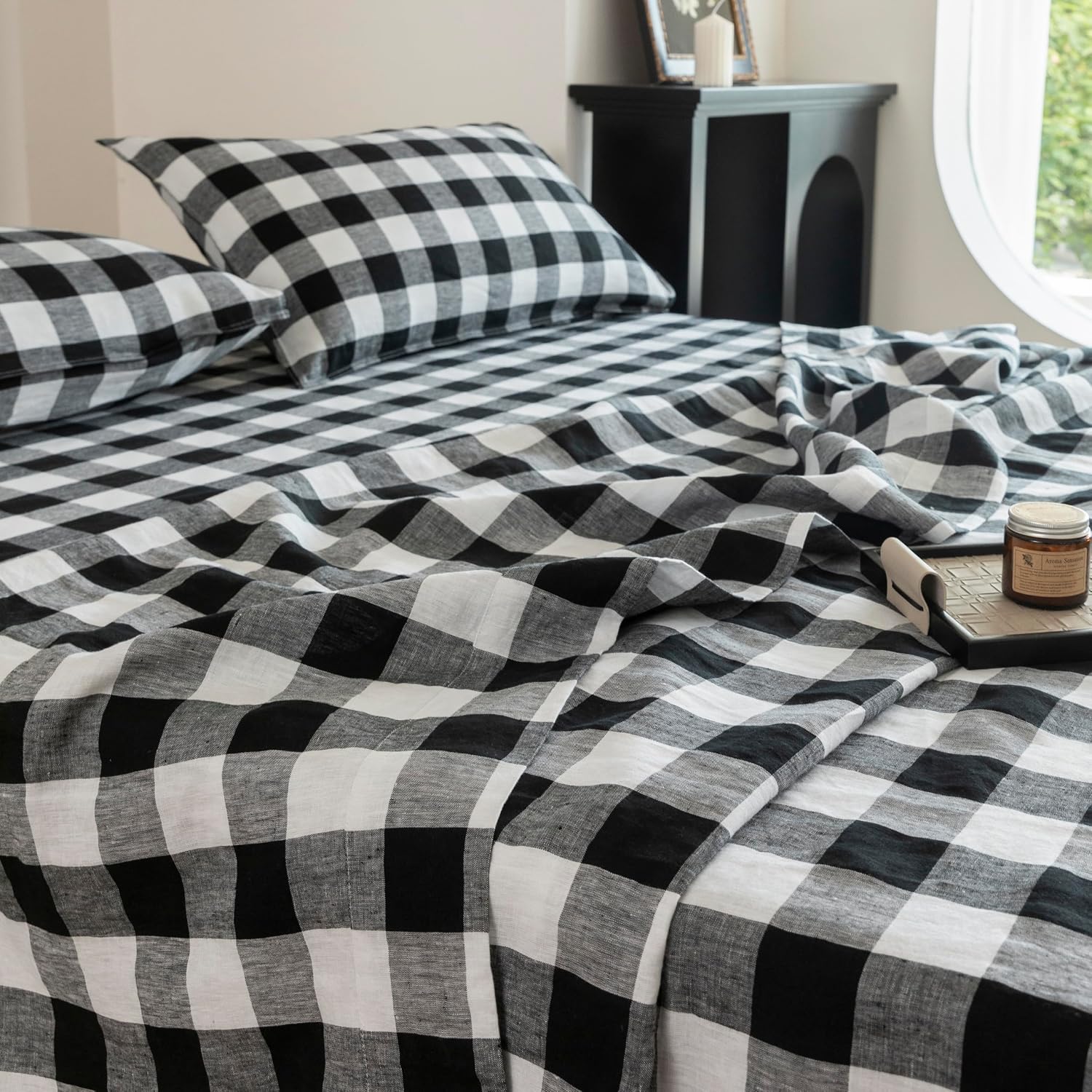 EVERLY Linen Sheets Set King Size,100% French Stonewash Pure Linen Bed Sheets,4Pieces (1Flat Sheet,1Fitted Sheet,2Pillowcase) Suitable for Hot Sleepers,Deep Pocket Natural Bedding Set-Black Plaid