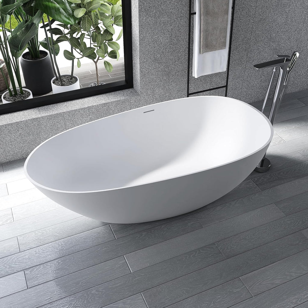67' Stone Resin Freestanding Bathtub, Oval Solid Surface Bathroom Freestanding Tub, Thin Edge Stand Alone Tub with Integrated Slotted Overflow and Pop-up Drain, Matte White 302-170