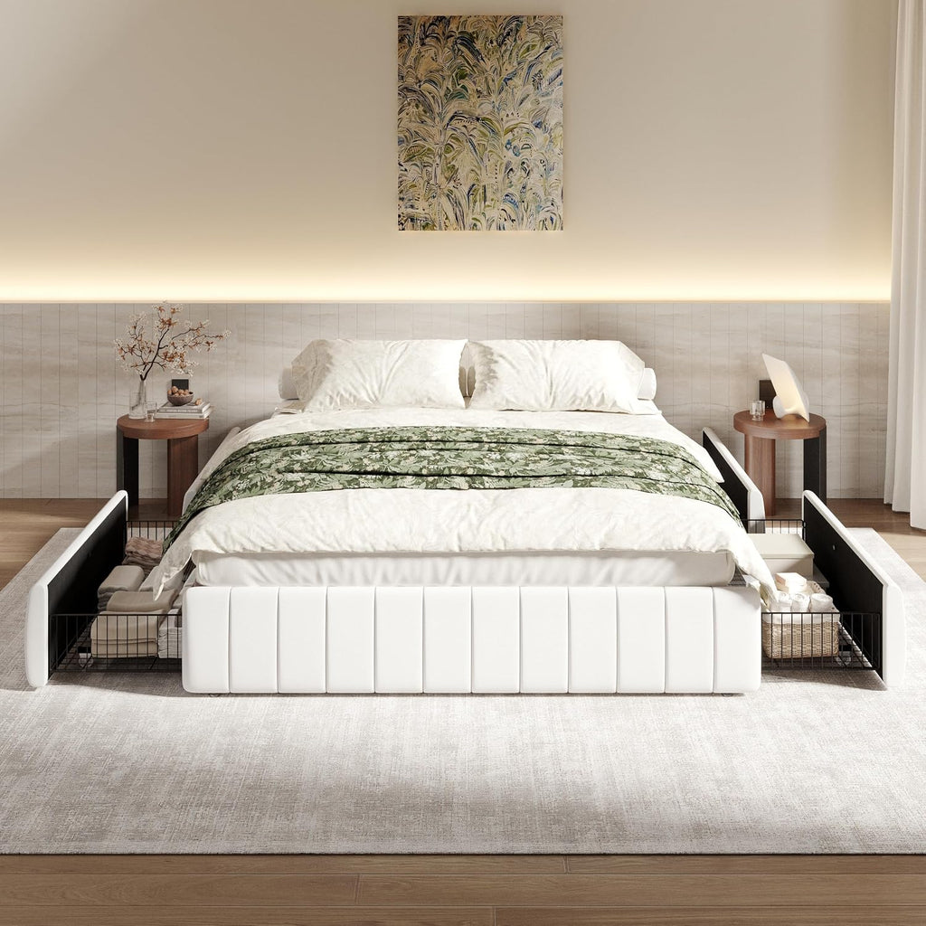 SHA CERLIN Full Size Velvet Upholstered Platform Bed Frame with 4 Storage Drawers, Vertical Channel Tufted, Low Profile, Fits Standard Headboards, Wooden Slats Support, Easy Assembly, White