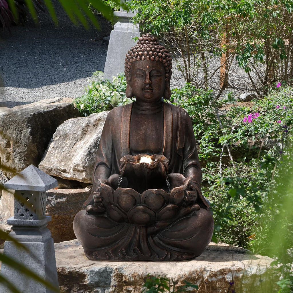 Glitzhome Outdoor Fountain 28' H, Large Zen Style Buddha Waterfall Fountains Indoor Water Fountain with Pump & LED Lights, Freestanding Water Feature Outside Garden Backyard Decor