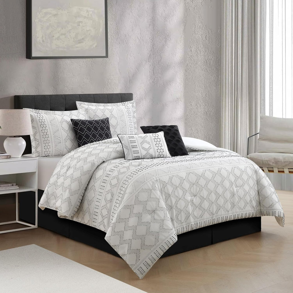 Stratford Park 7 Piece White Black Comforter Set, Queen Size Clip Bedding Set, All Season Geometric Bedding Set, Matching Pillows, Shams, Bed Skirt