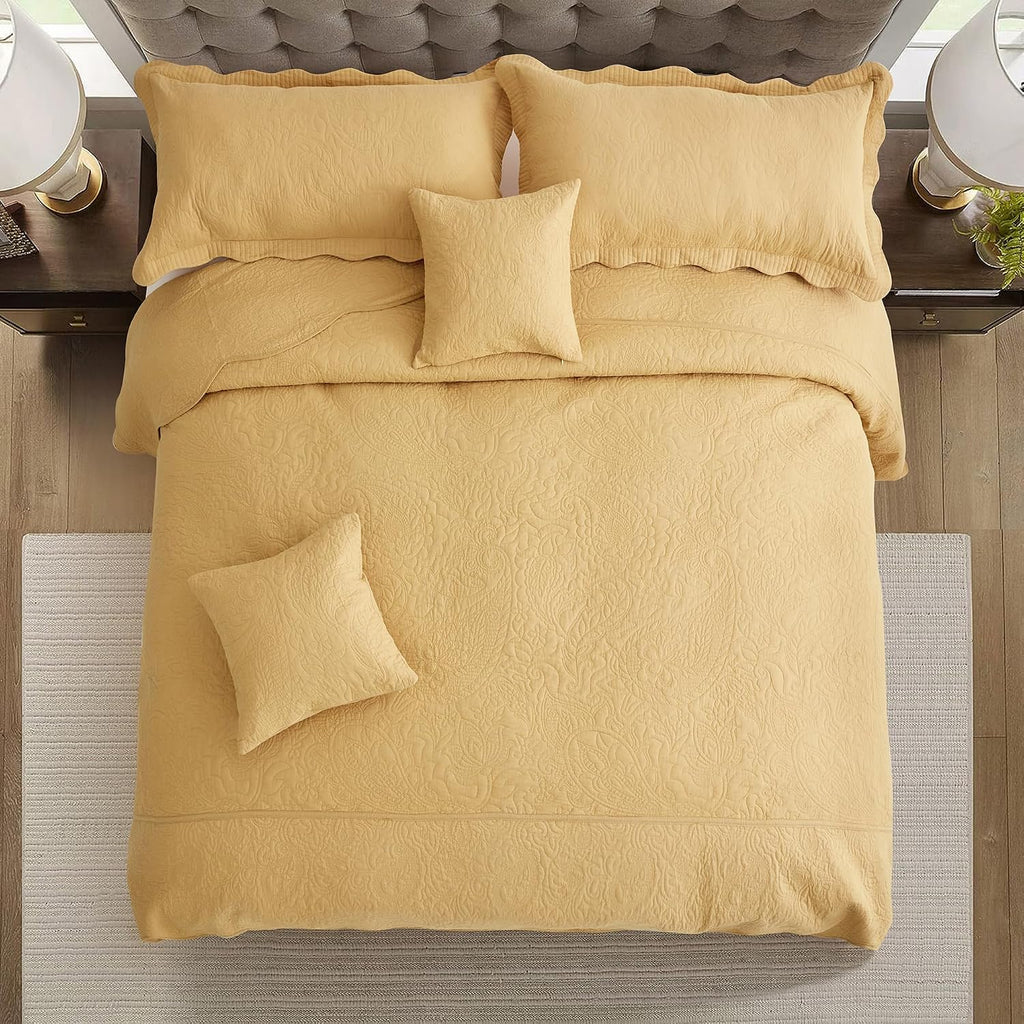 Oversized King Bedspread Cotton 128x120 Extra Wide, Reversible Paisley Pattern Design, Lightweight Bedding Cover, 5 Piece Set, Honey Gold