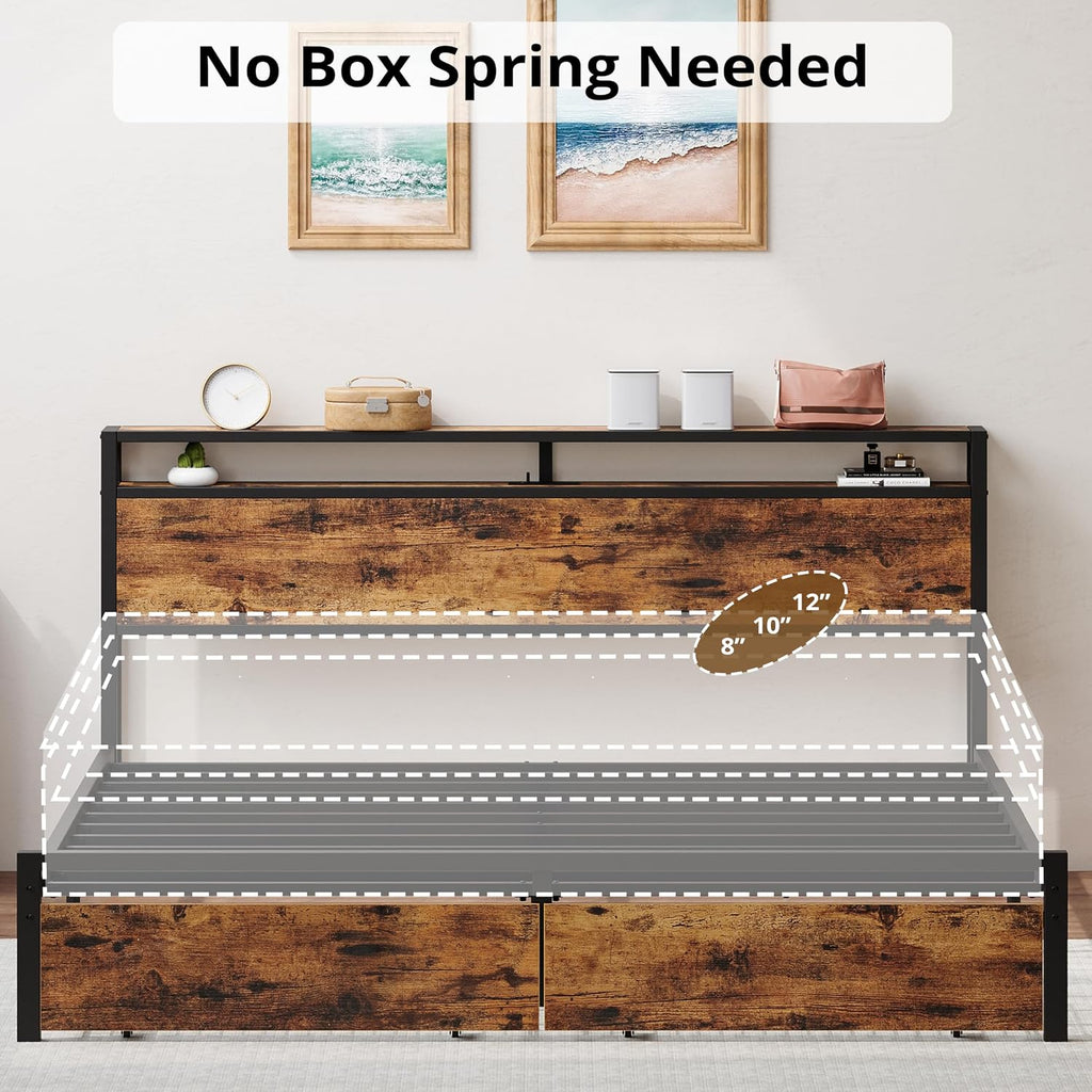LIKIMIO California King Bed Frame with Storage Headboard, Platform Bed with Drawers and Charging Station, No Box Spring Needed, Easy Assembly, Vintage Brown