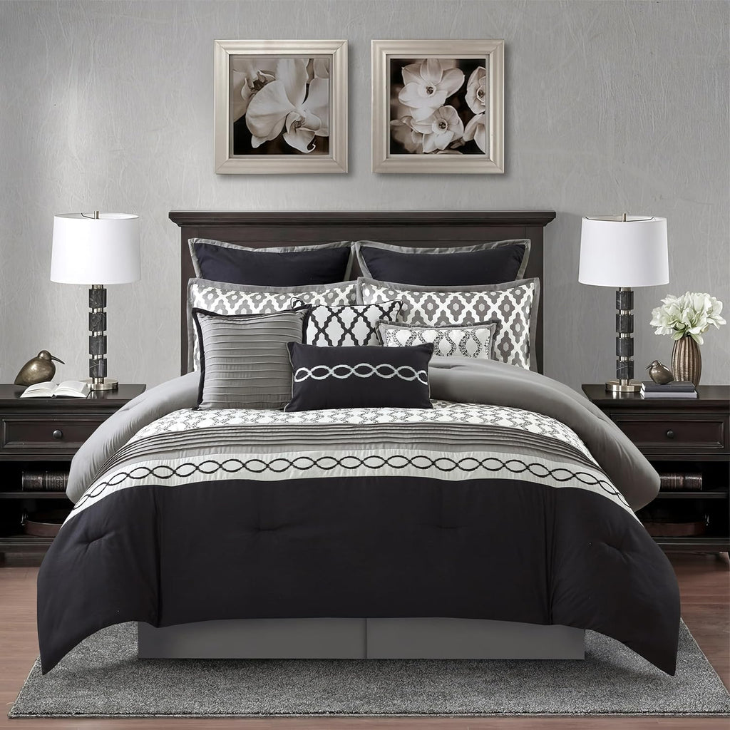 Grand Avenue Black King Comforter Set, 10 Piece, Jacquard Bedding Comforters & Sets, Matching Bedskirt, Pillows & Shams, Ultra-Soft