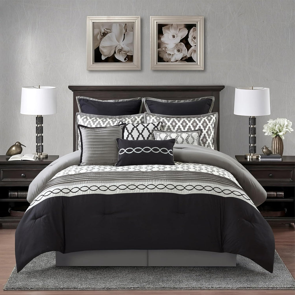 Stratford Park Geometirc California King Black Comforter Set, 10 Piece, Jacquard Bedding Comforters & Sets, Bedskirt, Pillows & Shams, Ultra-Soft