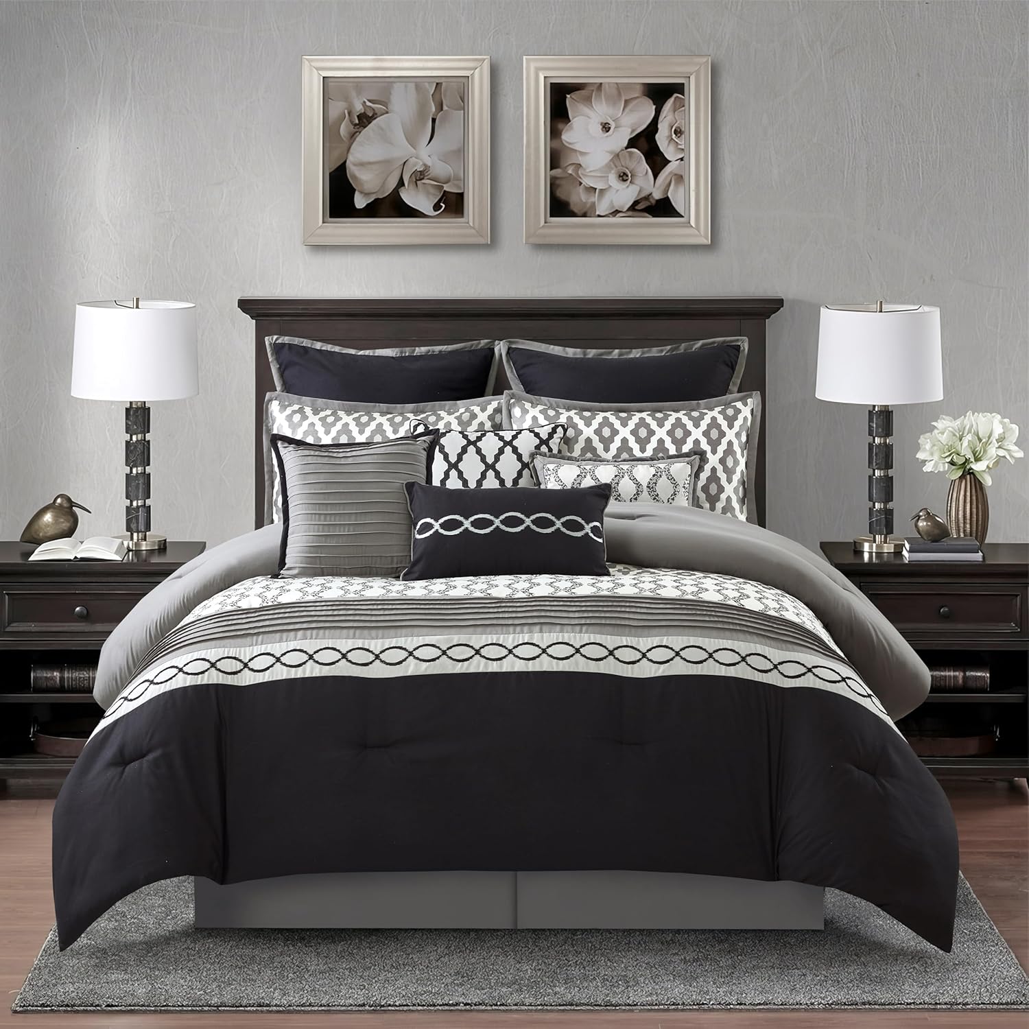 Stratford Park Geometirc California King Black Comforter Set, 10 Piece, Jacquard Bedding Comforters & Sets, Bedskirt, Pillows & Shams, Ultra-Soft