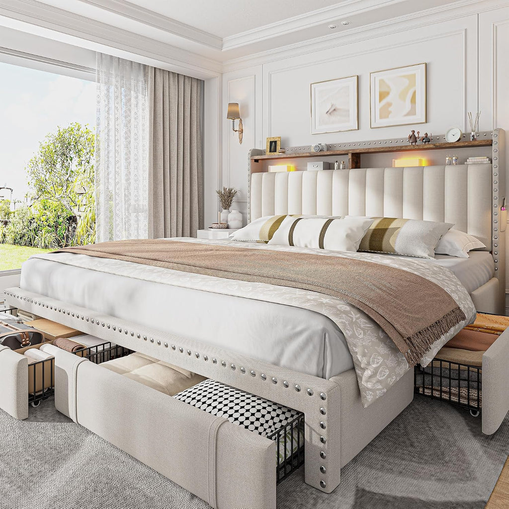 EnHomee Queen Bed Frame with 3 Storage Drawers & Upholstered Queen Size Bed Frame with 2-Tier Storage Headboard, Wooden Slats Support, No Box Spring Needed, Beige
