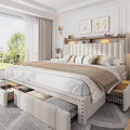 EnHomee Queen Bed Frame with 3 Storage Drawers & Upholstered Queen Size Bed Frame with 2-Tier Storage Headboard, Wooden Slats Support, No Box Spring Needed, Beige