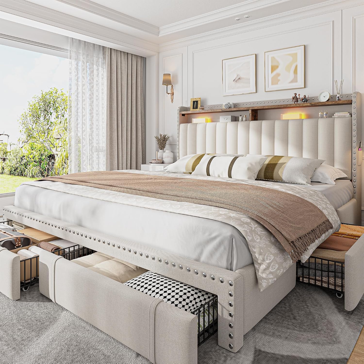EnHomee Queen Bed Frame with 3 Storage Drawers & Upholstered Queen Size Bed Frame with 2-Tier Storage Headboard, Wooden Slats Support, No Box Spring Needed, Beige