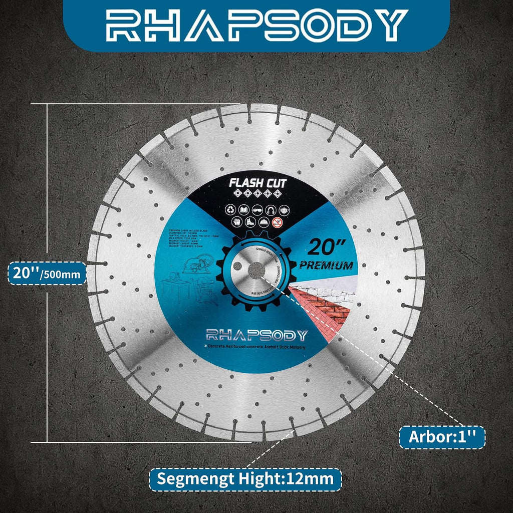 RHAPSODY 20 Inch Laser Welded Diamond Saw Blade, Segmented Premium Diamond Blade General Purpose Dry/Wet Cutting Concrete, Reinforced Concrete, Masonry, Brick, Block, Stone 1' Arbor